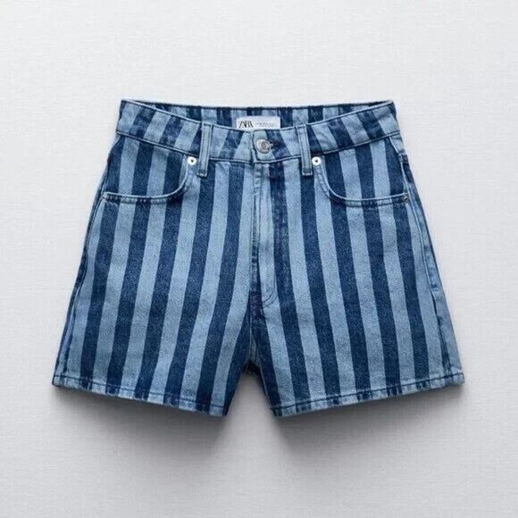Zara Striped High Rise High Waist Denim Shorts Size US 4 (EU 36) - Picture 5 of 7